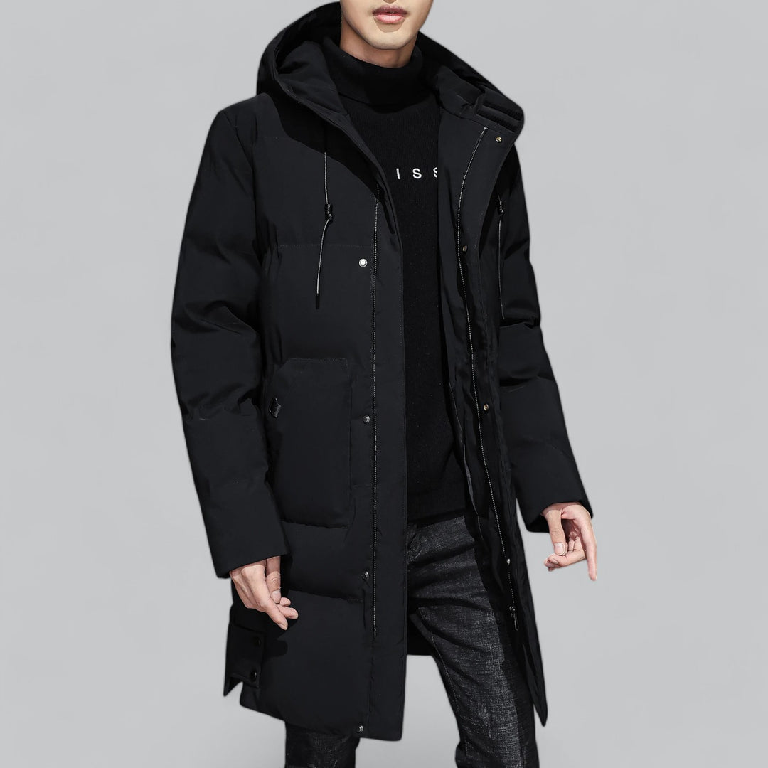 Stijlvolle lange winterparka voor heren met gewatteerde vulling.