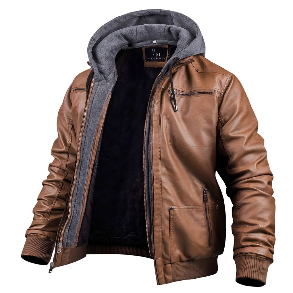 Thijs - Warm Leather Jacket with Fleece Lining and Hood
