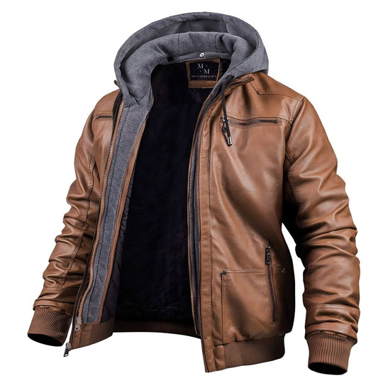 Thijs - Warm Leather Jacket with Fleece Lining and Hood