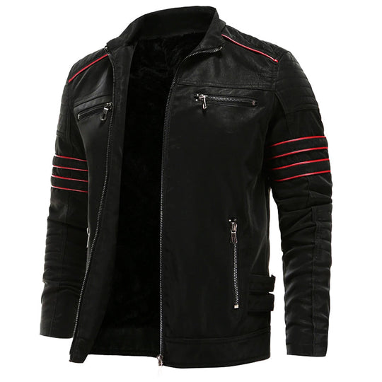 Travis - Elegante giacca da motociclista in pelle nera a righe rosse