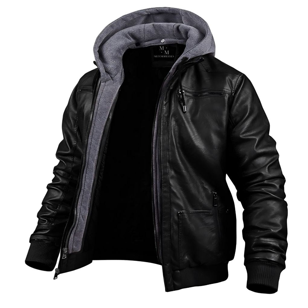 Thijs - Warm Leather Jacket with Fleece Lining and Hood