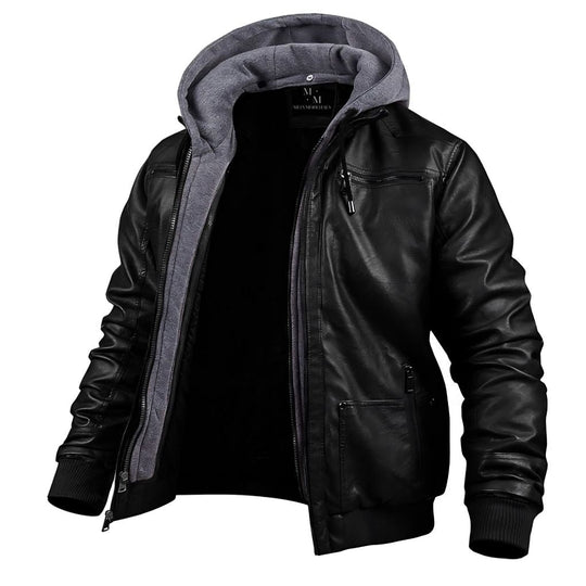 Thijs - Warm Leather Jacket with Fleece Lining and Hood