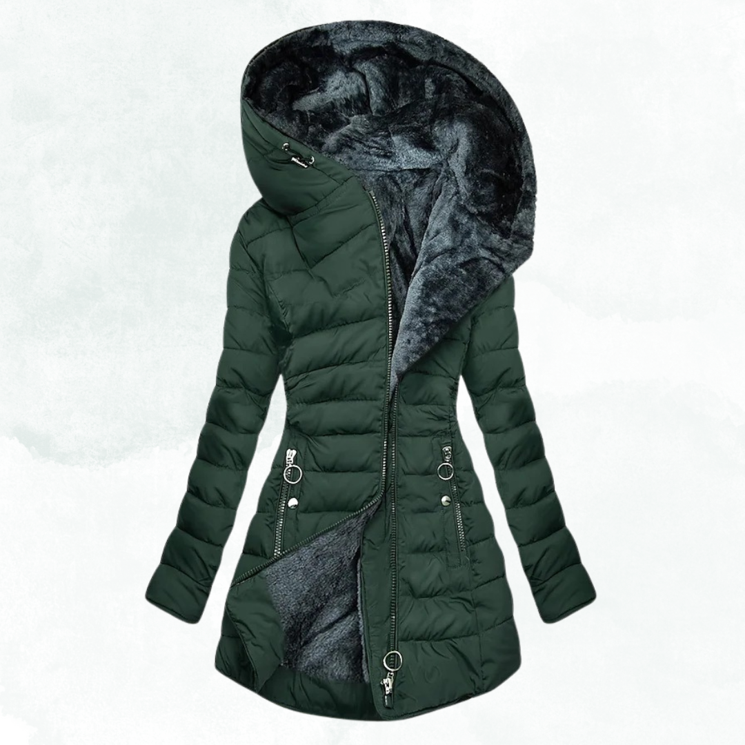 Lange, elegante winterjas met ritssluiting en getailleerde pasvorm.
