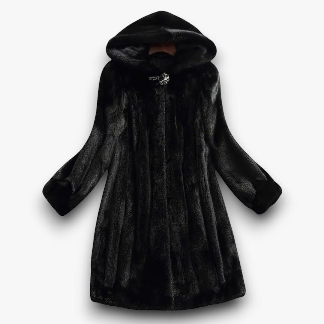 Detailweergave van de faux fur stof en afwerking.