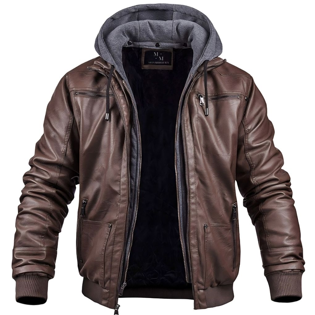 Thijs - Warm Leather Jacket with Fleece Lining and Hood