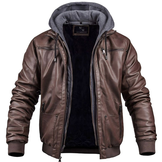 Thijs - Warm Leather Jacket with Fleece Lining and Hood