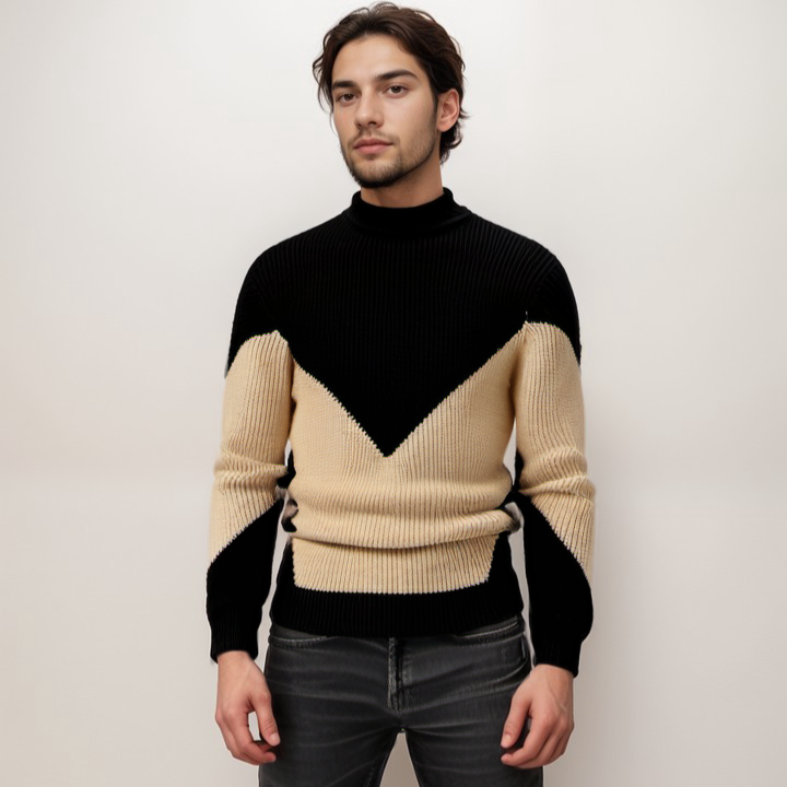 Stijlvolle gebreide trui, perfect voor winterse gelegenheden.
