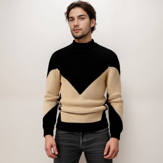Stijlvolle gebreide trui, perfect voor winterse gelegenheden.
