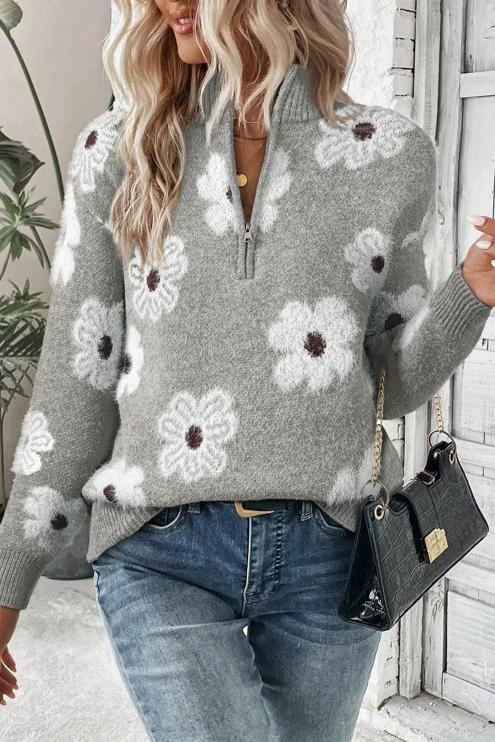 Elena - Maglione con maniche lunghe, motivo floreale e chiusura a mezza cerniera