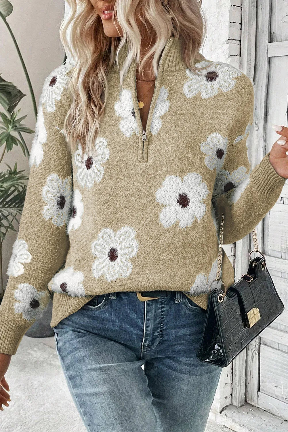 Elena - Maglione con maniche lunghe, motivo floreale e chiusura a mezza cerniera