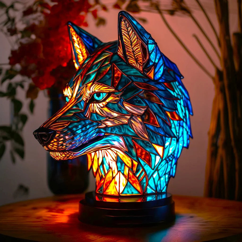Glas-in-lood lamp in de vorm van een majestueuze wolf.