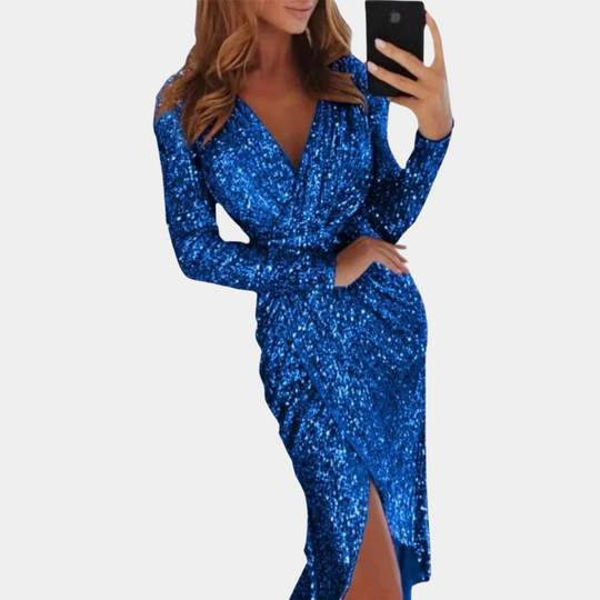 Livia | Elegante abito con paillettes con drappeggio e spacco alto