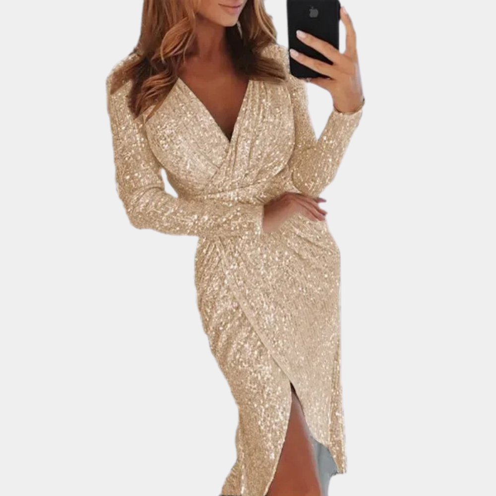 Livia | Elegante abito con paillettes con drappeggio e spacco alto