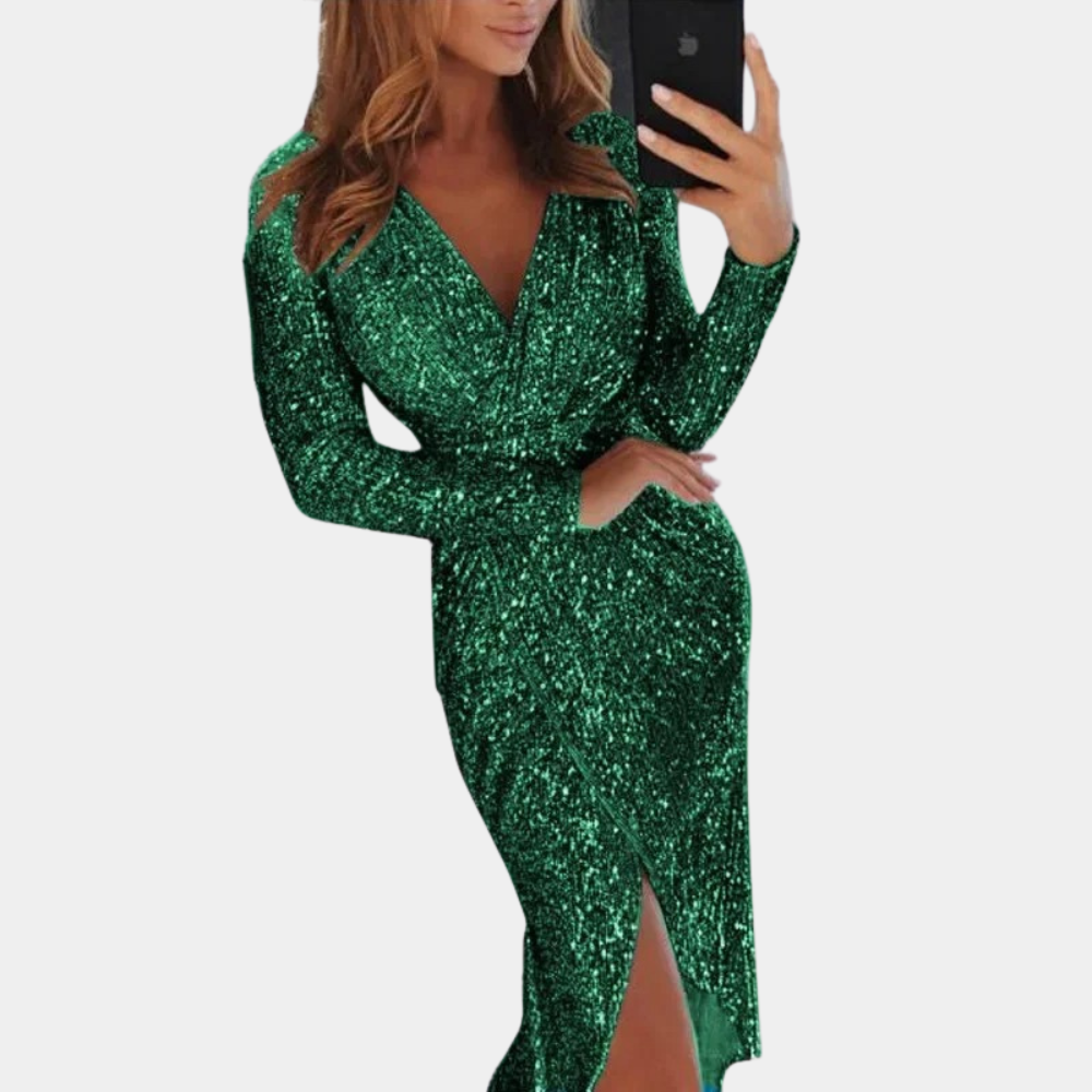 Livia | Elegante abito con paillettes con drappeggio e spacco alto