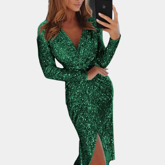 Livia | Elegante abito con paillettes con drappeggio e spacco alto
