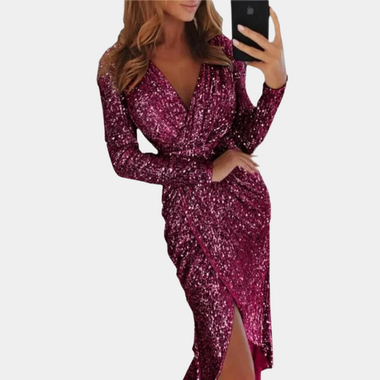Livia | Elegante abito con paillettes con drappeggio e spacco alto
