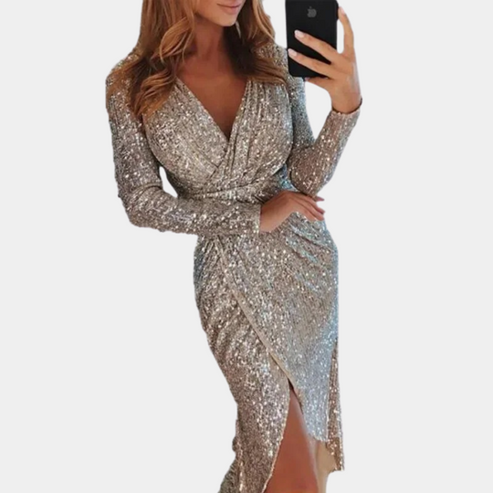 Livia | Elegante abito con paillettes con drappeggio e spacco alto