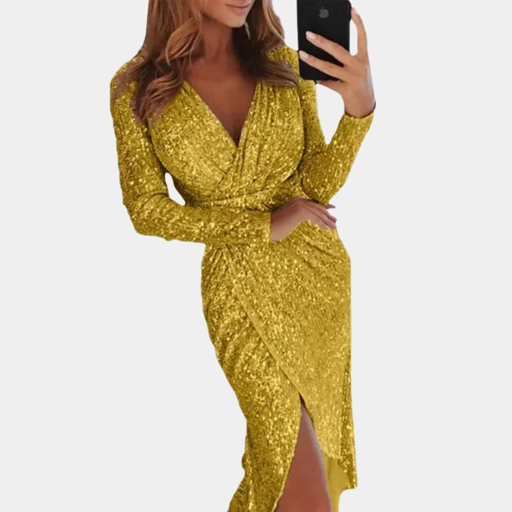Livia | Elegante abito con paillettes con drappeggio e spacco alto