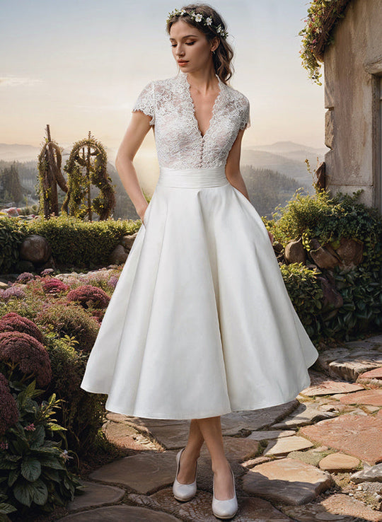 Diana | Elegant V-neck midi wedding dress