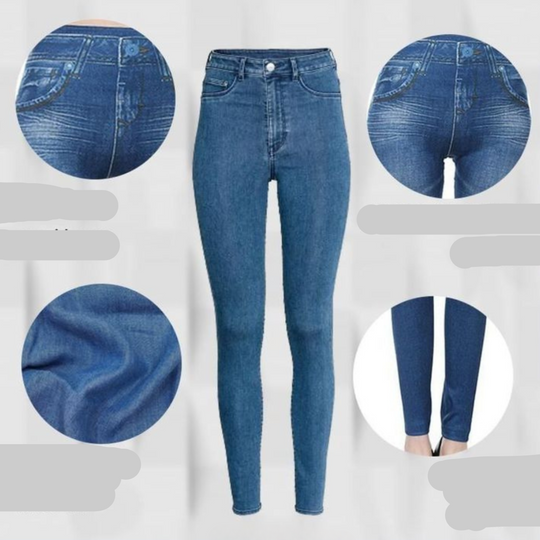 Close-up van de elastische tailleband van de jeggings.
