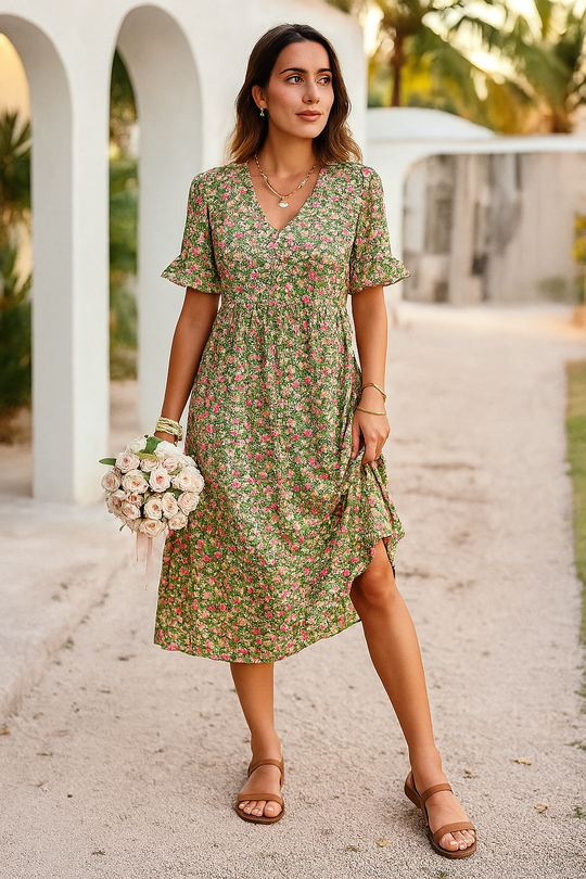 Franziska | Luftige Flutter-Ärmel V-Ausschnitt Midikleid