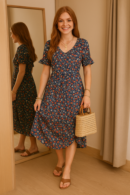 Franziska | Luftige Flutter-Ärmel V-Ausschnitt Midikleid