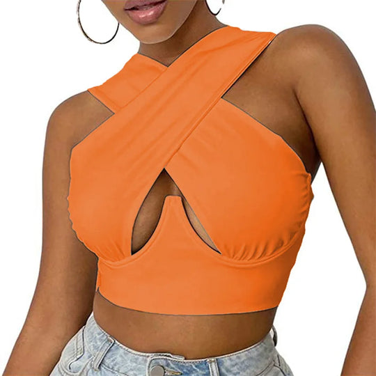 Livia | Sleeveless cropped top with crossed design for women | Orange