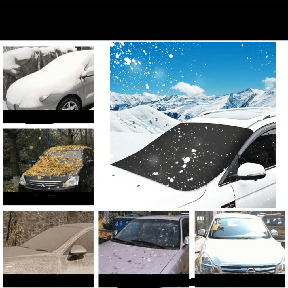 Sneeuwhoes bevestigd op een auto, met sneeuwvlokken op de achtergrond.