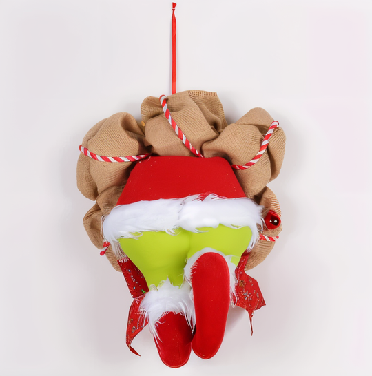 Unieke Grinch-kerstkrans voor een opvallende en humoristische uitstraling.
