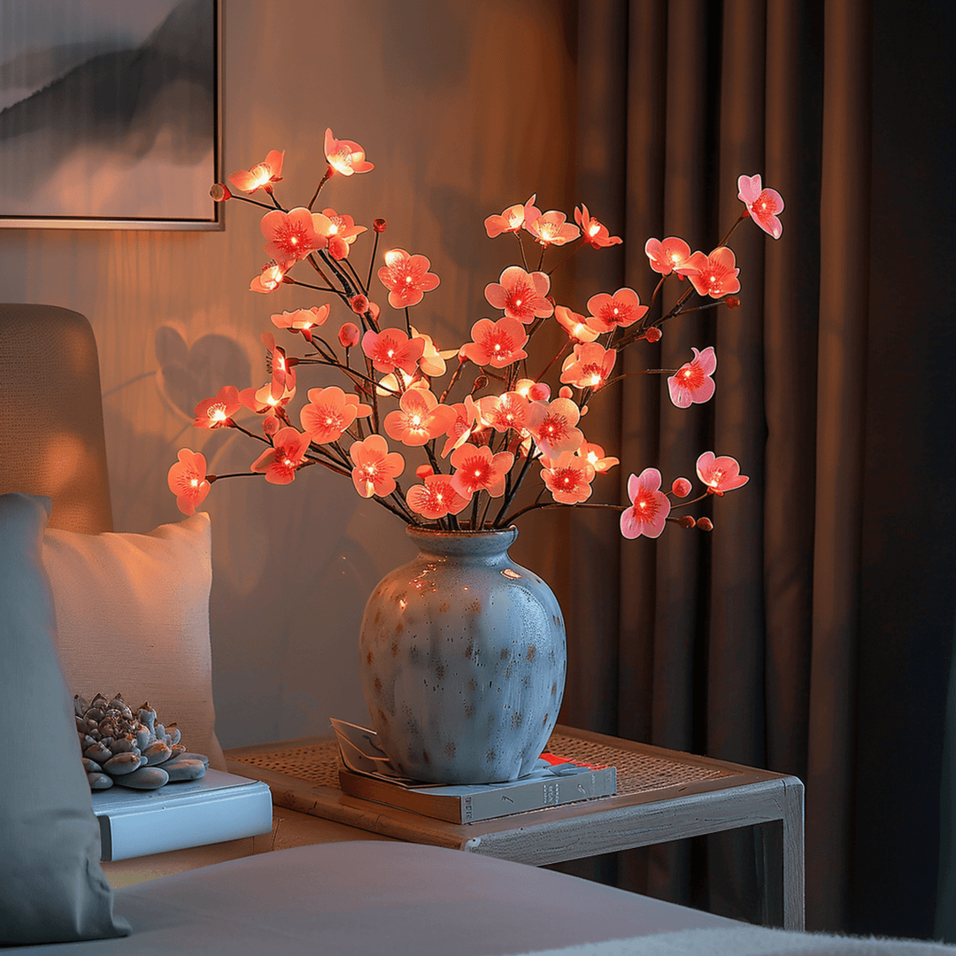LED sfeerverlichting in de vorm van bloemen, geplaatst rond een decoratieve vaas met groene bladeren.