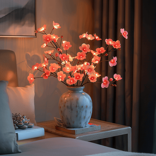 LED sfeerverlichting in de vorm van bloemen, geplaatst rond een decoratieve vaas met groene bladeren.
