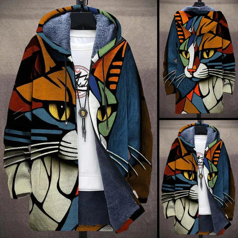Michel - Artistiek herenjack met een opvallende dierenprint van een kleurrijke kat in abstracte stijl. Dit lange jack is een unieke en stijlvolle keuze voor mannen die van kunstzinnige en expressieve mode houden.