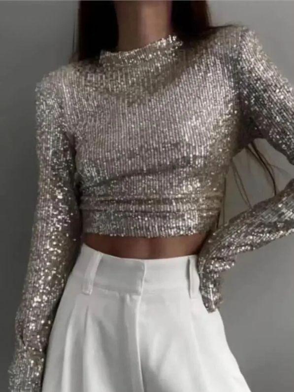Karolin | Crop top decorated with sequins with long sleeves