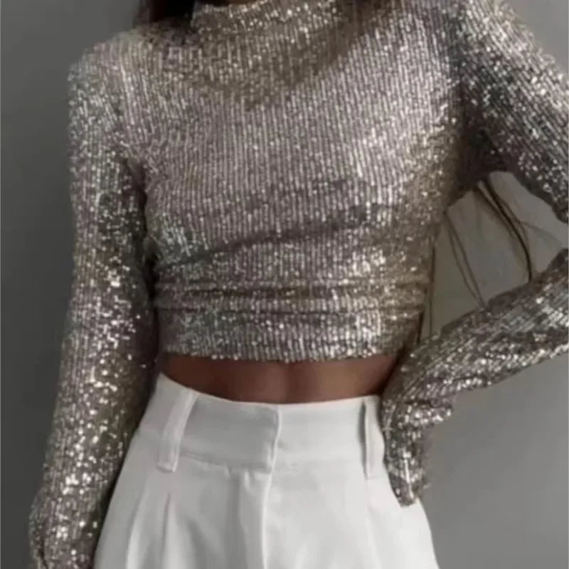 Karolin | Crop top decorated with sequins with long sleeves