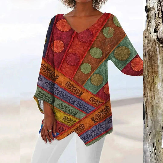 Maria | Vintage top met V hals en lange mouwen