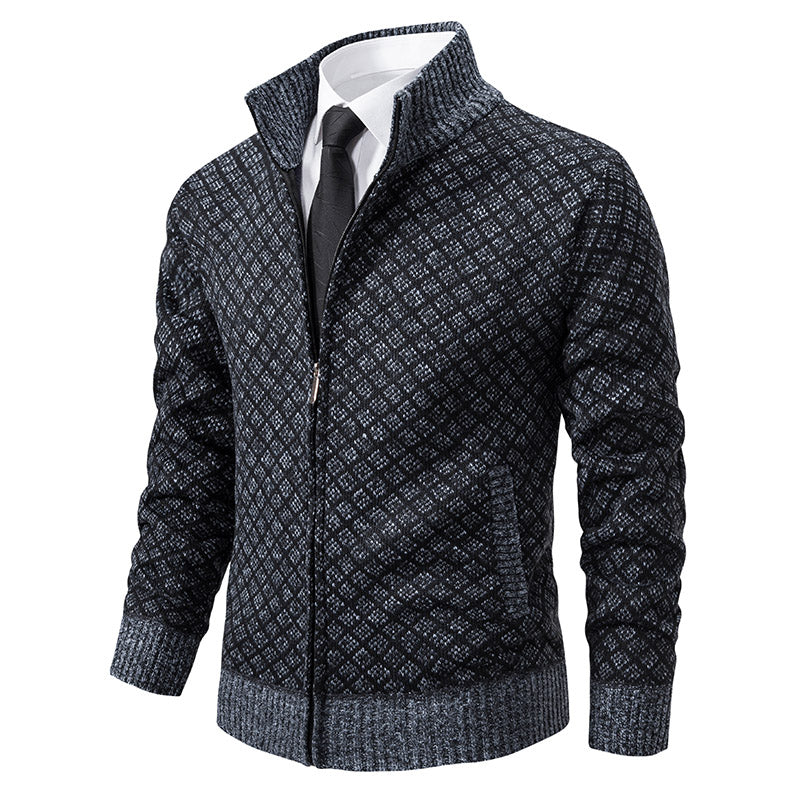 Bram - Heren elegante gebreide vest met een fijn geweven patroon in zwart en grijs, uitgerust met een ritssluiting en een opstaande kraag. Perfect voor een stijlvolle en verfijnde look, ideaal te dragen over een overhemd met stropdas.