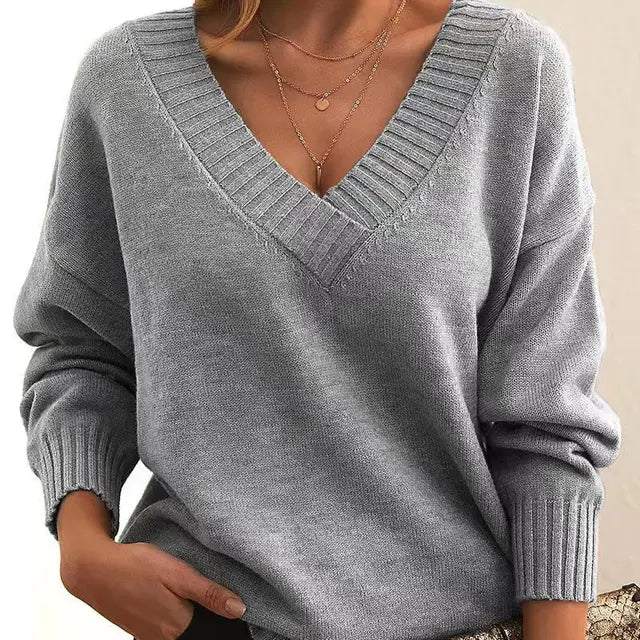 Lena - Maglione da donna comodo con scollo a V e vestibilità ampia