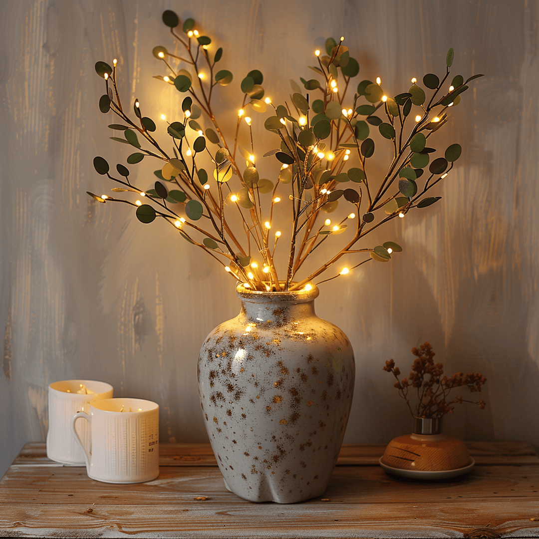 Decoratieve LED bloemenlichtjes met warme gloed, aangebracht op takken in een stijlvolle vaas.