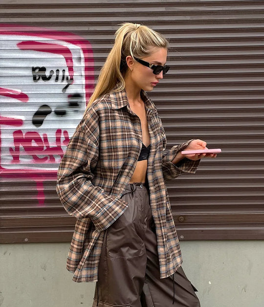 Sienna | Women's Oversized Checked Blouse with Button Closure | Brown