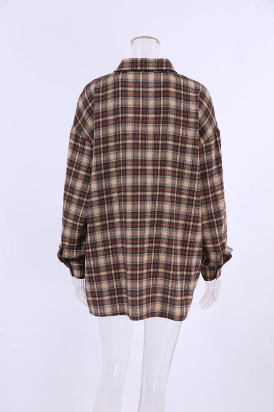 Sienna | Women's Oversized Checked Blouse with Button Closure | Brown