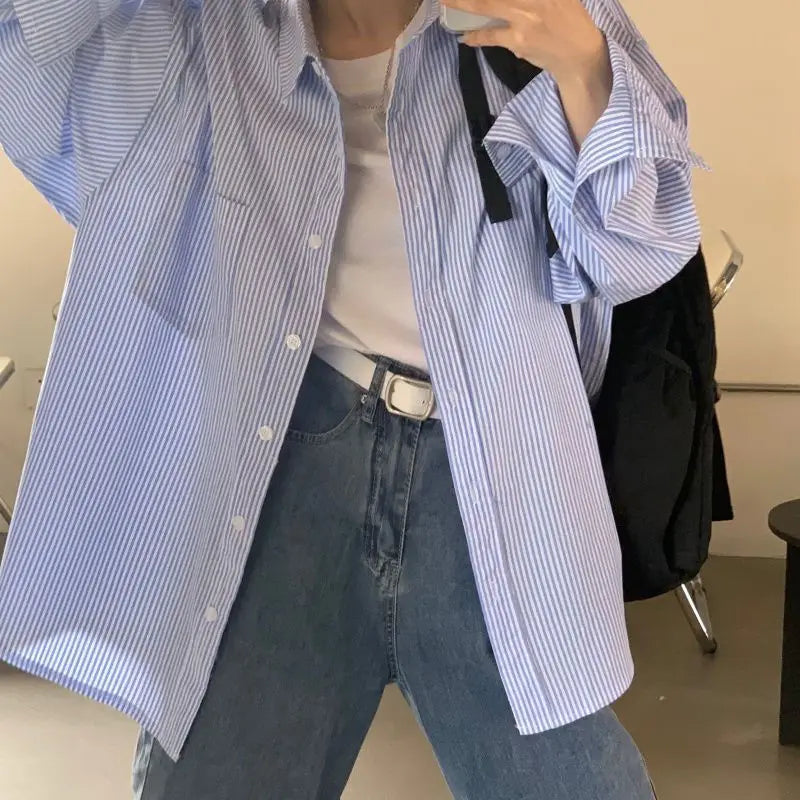 Elva | Women's Oversized Striped Shirt with Long Sleeves | Blue