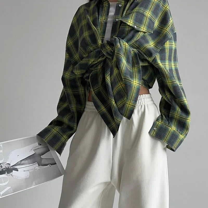 Elaya | Women's Oversized Checked Blouse with Pockets | Blue
