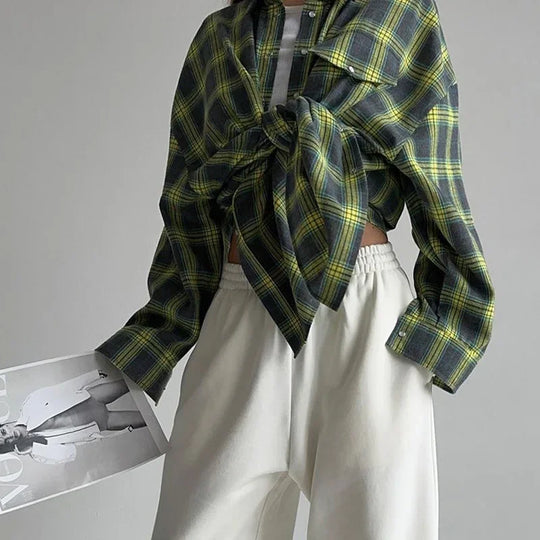 Elaya | Women's Oversized Checked Blouse with Pockets | Blue