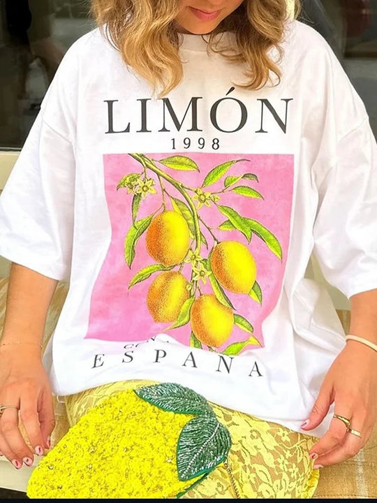 Amelie | Dames Oversized Vintage T‑Shirt met Citroenprint | Grijs