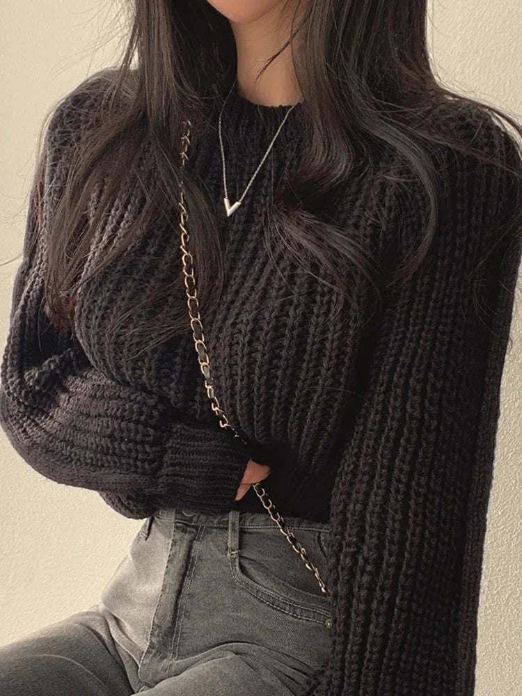 Selina | Women's Oversized Knitted Sweater with Lantern Sleeves | Black