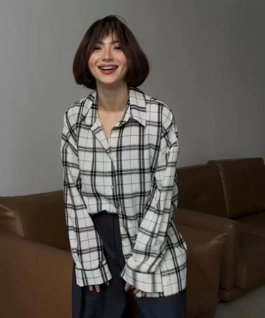 Elaya | Women's Oversized Checked Blouse with Pockets | Blue