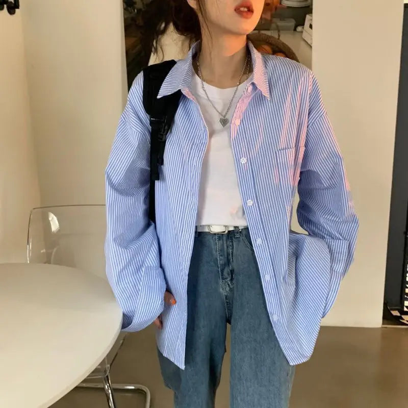 Elva | Women's Oversized Striped Shirt with Long Sleeves | Blue