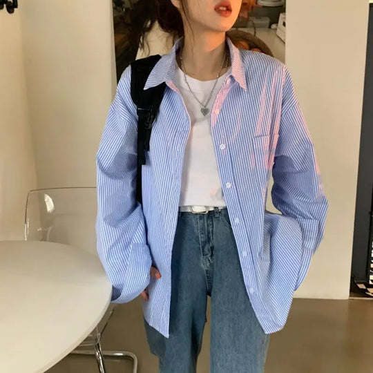 Elva | Women's Oversized Striped Shirt with Long Sleeves | Blue