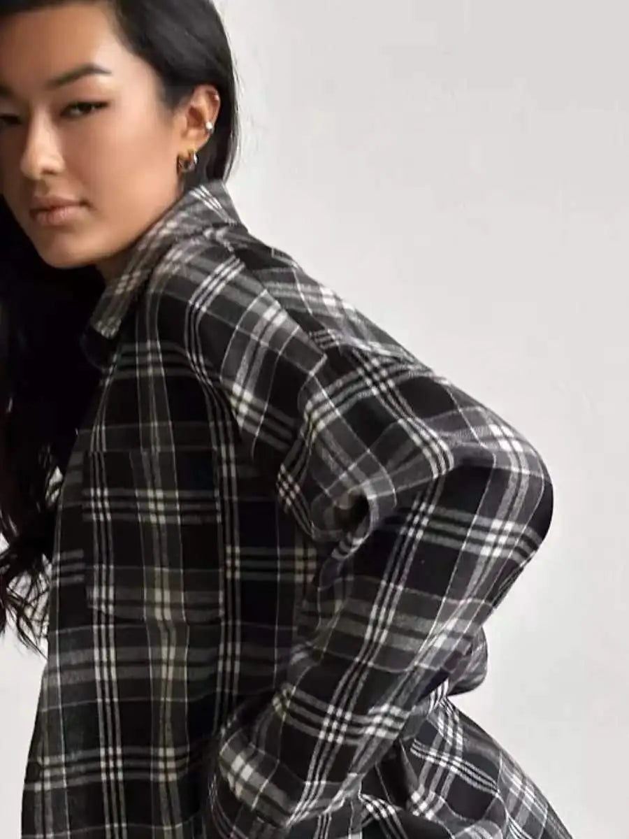 Elaya | Women's Oversized Checked Blouse with Pockets | Blue