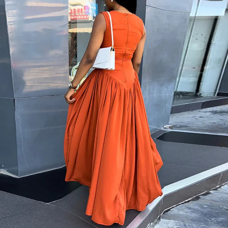 Isabeau | Sleeveless long A-line dress for women | Orange